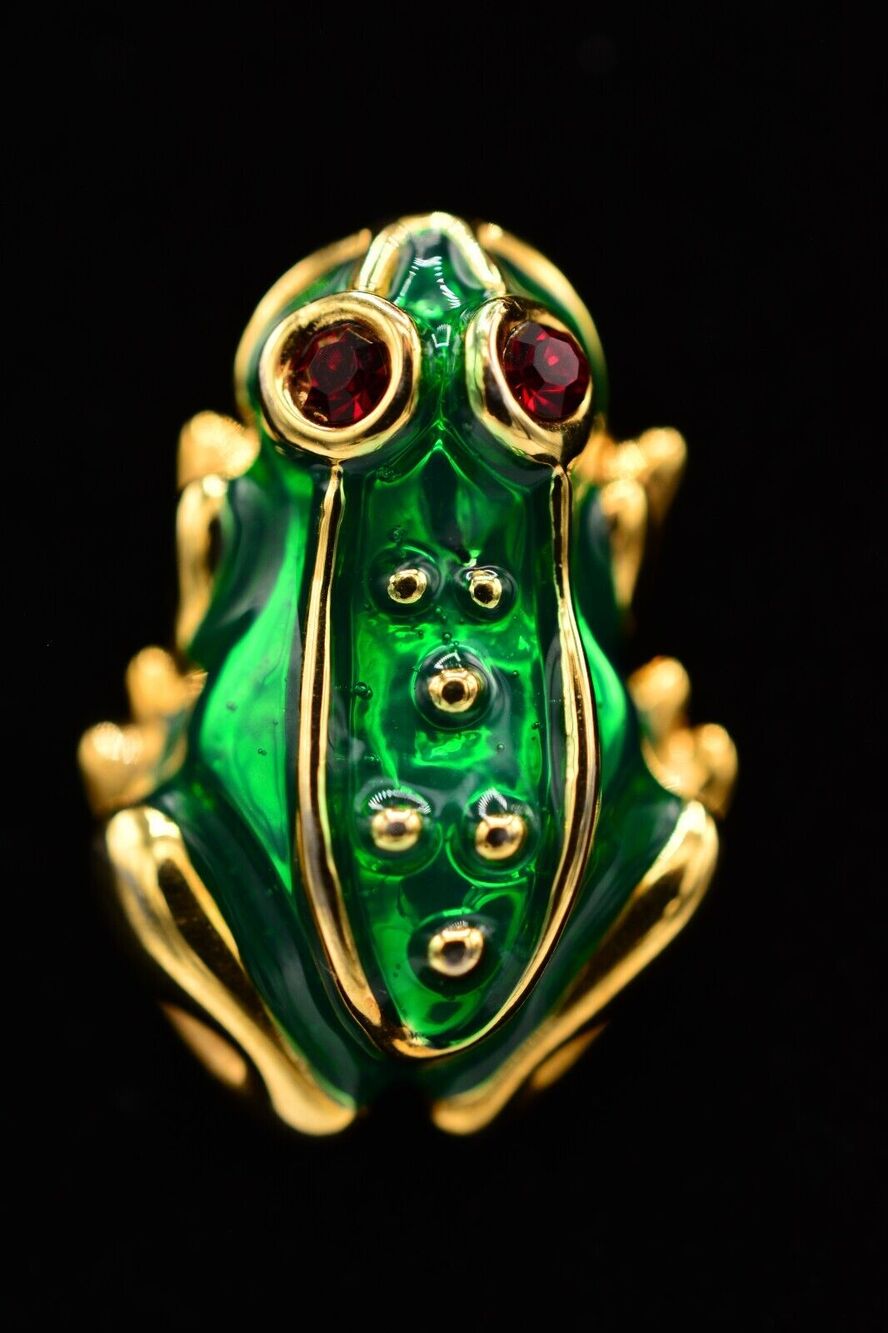 Vintage Frog Tac Brooch Pin Gold Green Enamel Red Rhinestone Gold Tiny 80s BinJ